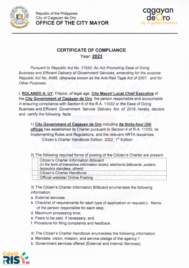 Certificate of Compliance | Citizen's Charter