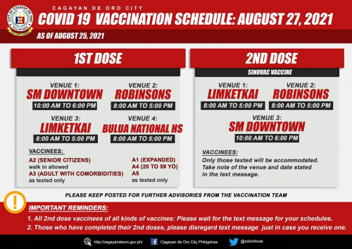 COVID-19 vaccination schedule, August 27, 2021 (Friday)