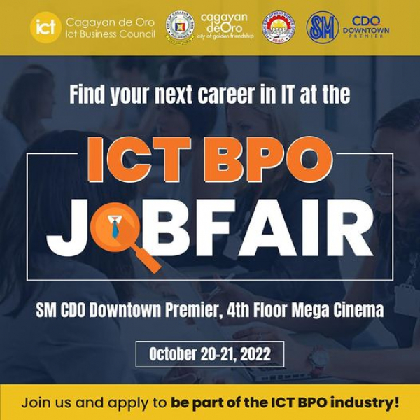 CDO ICT is holding a job fair this October 20 - 21, 2022 at SM CDO Downtown! Anyone looking for a career in the I.T. Industry, visit us and bring your requirements!