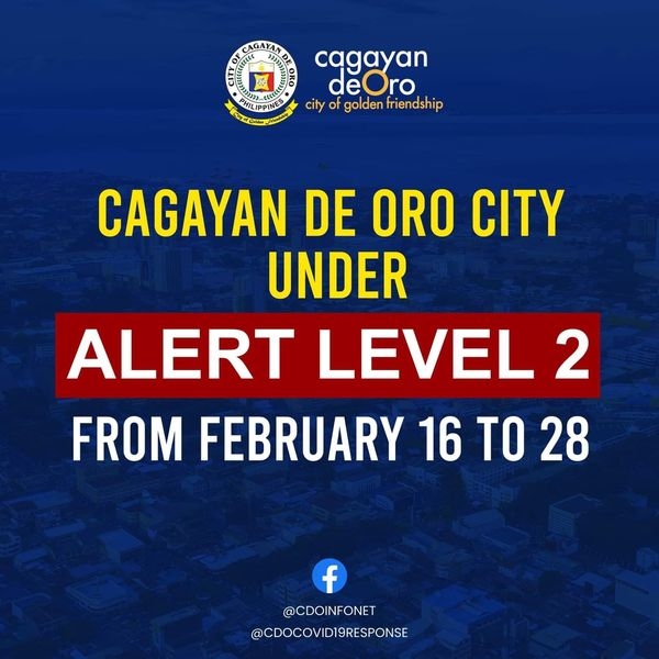 LOOK. Cagayan de Oro City is placed under Alert Level 2 starting February 16 until February 28, 2022 based on IATF Resolution No. 161-A.