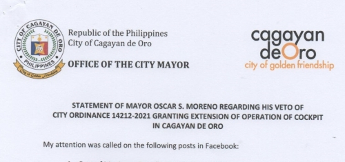 LOOK. Press statement of Mayor Oscar S. Moreno dated March 29, 2022 regarding his veto of City Ordinance 14212-2021 granting extension of operation of cockpit in Cagayan de Oro.