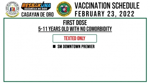 CDO COVID-19 VACCINATION SCHEDULE (FEBRUARY 23, 2022)