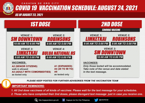 COVID-19 vaccination schedule, August 24, 2021 (Tuesday)