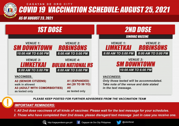 COVID-19 vaccination schedule, August 25, 2021 (Wednesday)