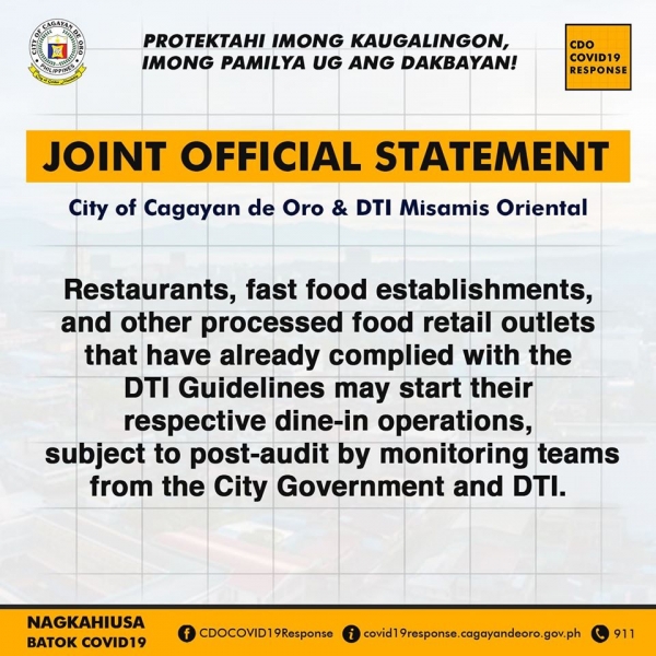 LGU CDO, DTI issue joint statement on dine-in operations of restaurants
