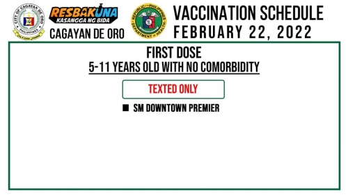 CDO COVID-19 VACCINATION SCHEDULE (FEBRUARY 22, 2022)