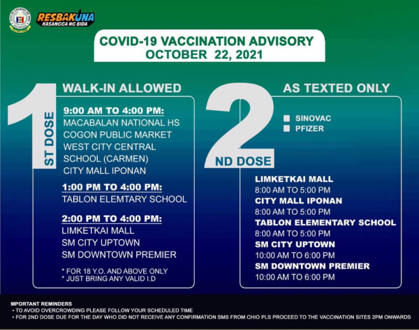 2nd DOSE VACCINATION SCHEDULE FOR TOMORROW (22 OCT 2021)