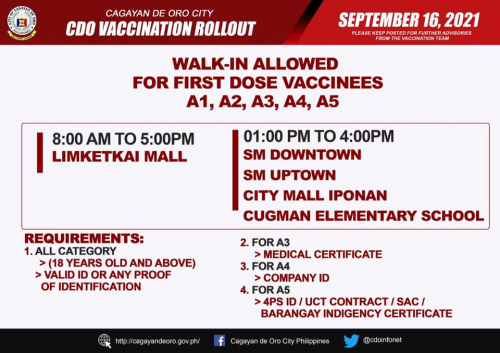 COVID-19 vaccination schedule, September 16, 2021 (Thursday)