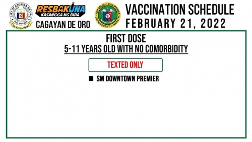 CDO COVID-19 VACCINATION SCHEDULE (FEBRUARY 21, 2022)