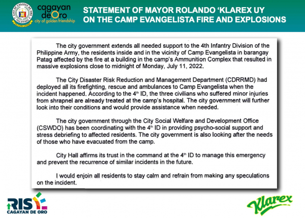 JUST IN. Statement of City Mayor Rolando ‘Klarex’ Uy on the Camp Evangelista fire and explosions.